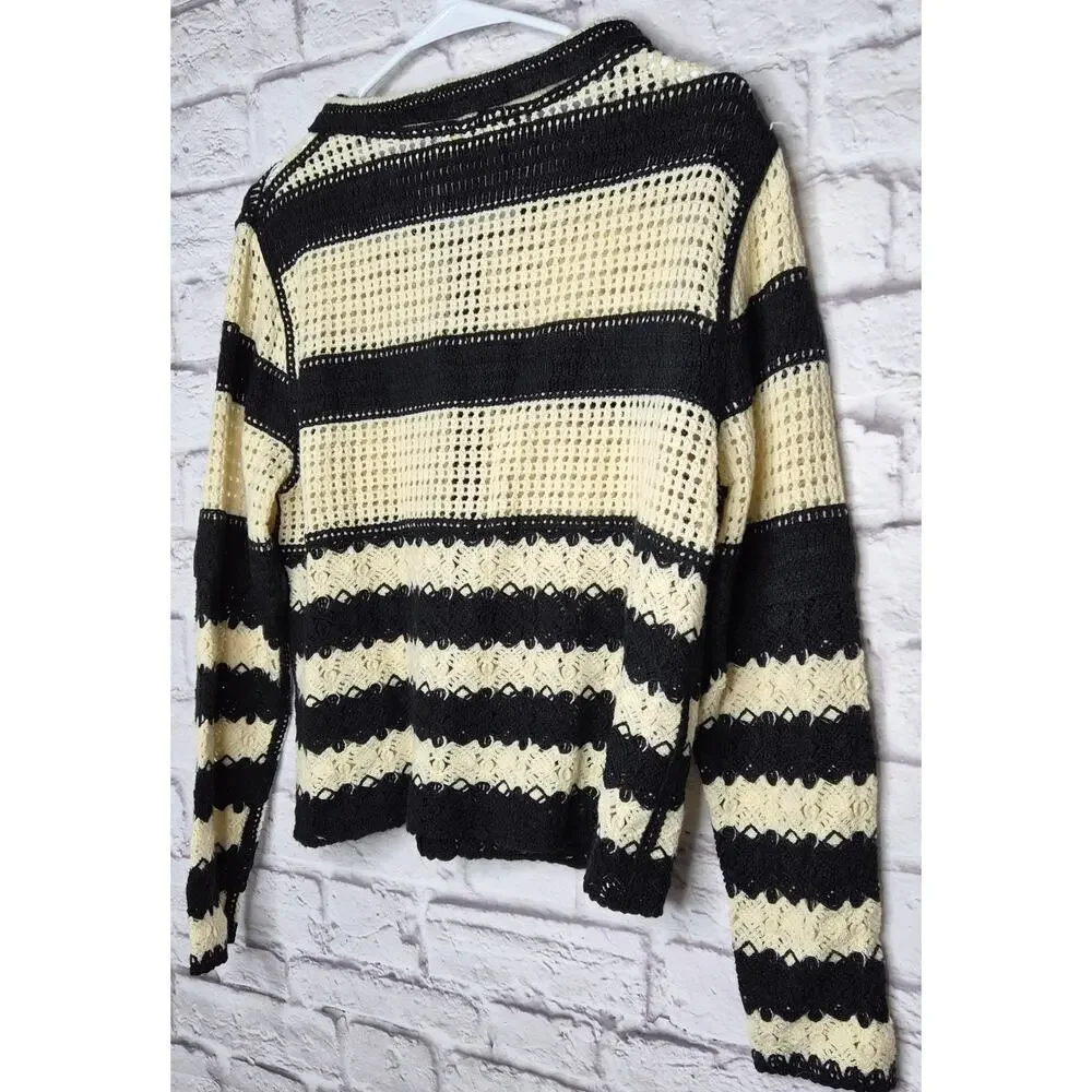 COCOBLEU NY Crochet Knit Cardigan Sweater Medium Black White Striped Boho Button